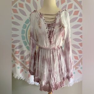 Tie Dye Exist Long Bell Sleeve Shorts Romper Dusty Purple Lace Up Front Key Hole